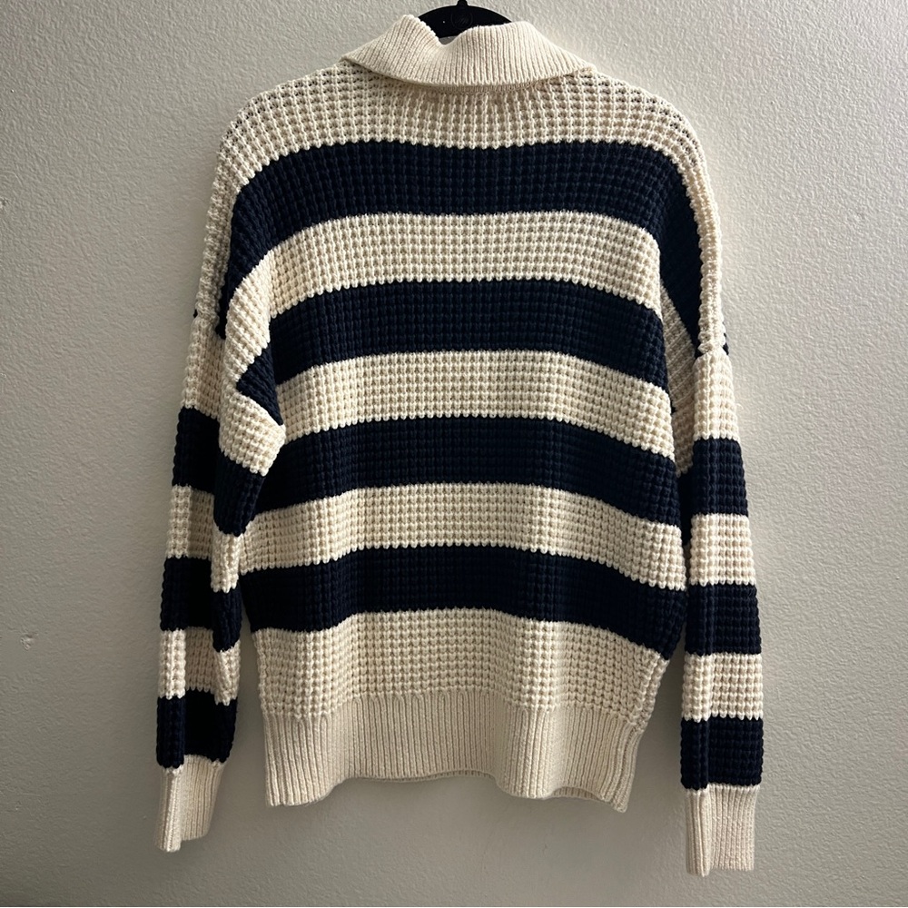 Madewell | Waffle-Knit Henley Sweater Stripe Navy Cream - Size M - Picture 11 of 13